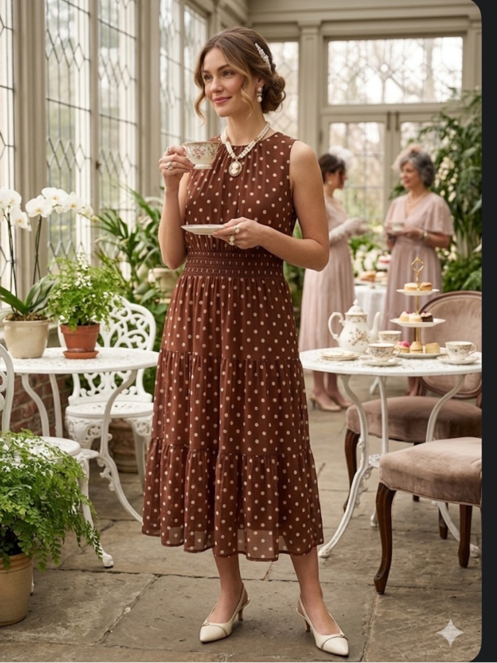 Jessica Howard Brown Polka Dot Mesh Tiered Midi Dress Plus Size 18W NWT